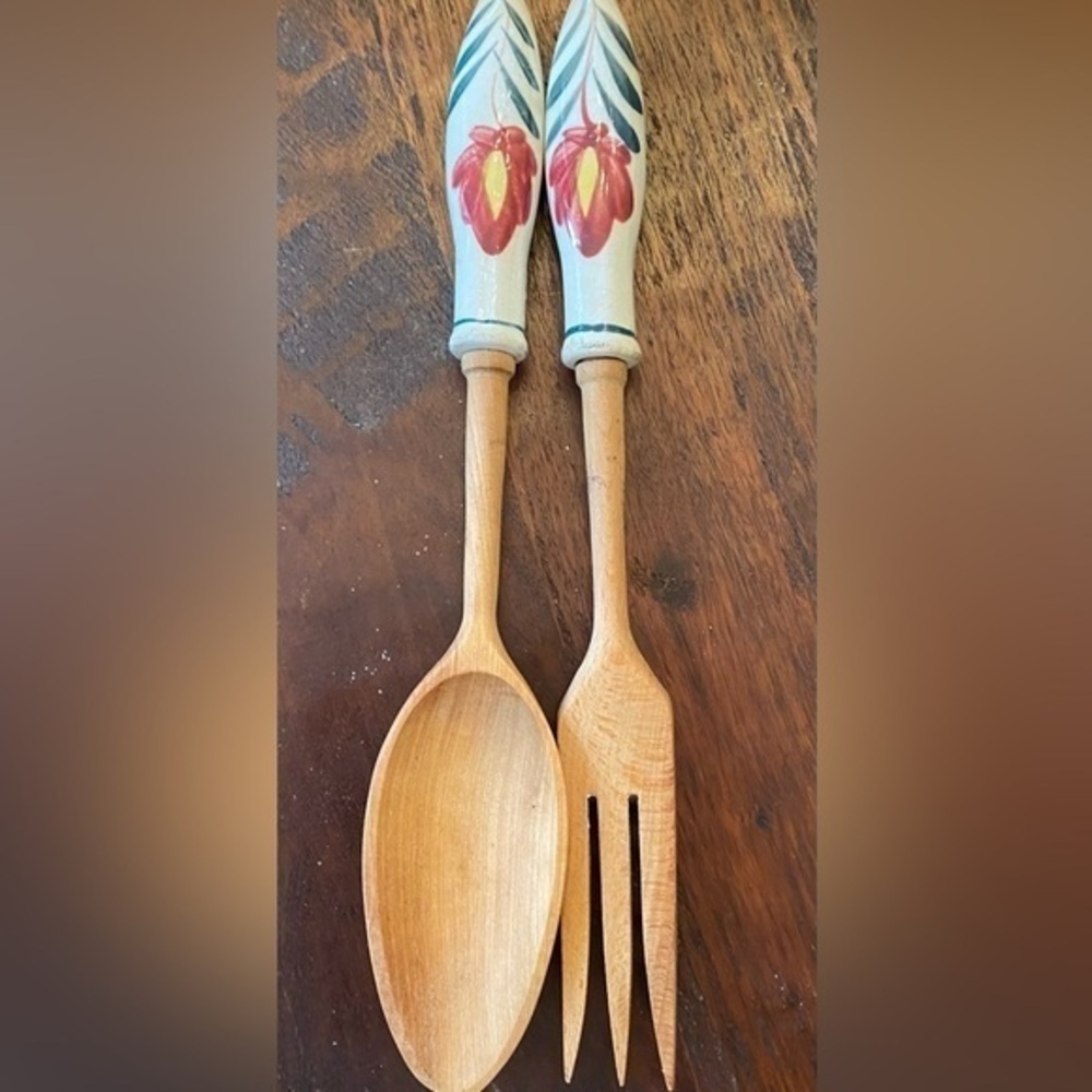 Vintage Wooden Salad Servers Porcelain Handles Flower Design